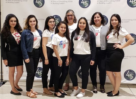 L@s GANAS presented at the 2018 Society for Advancement of Chicanos/Hispanics and Native Americans in Science Conference: (Left to Right) Ana Hernandez, Jocelyne Lemus, Leslie Zuniga, Arianna Perez-Ortiz, Axia Alfonso, Cynthia Martinez, Veronica Arreola and Kryztal Peña.